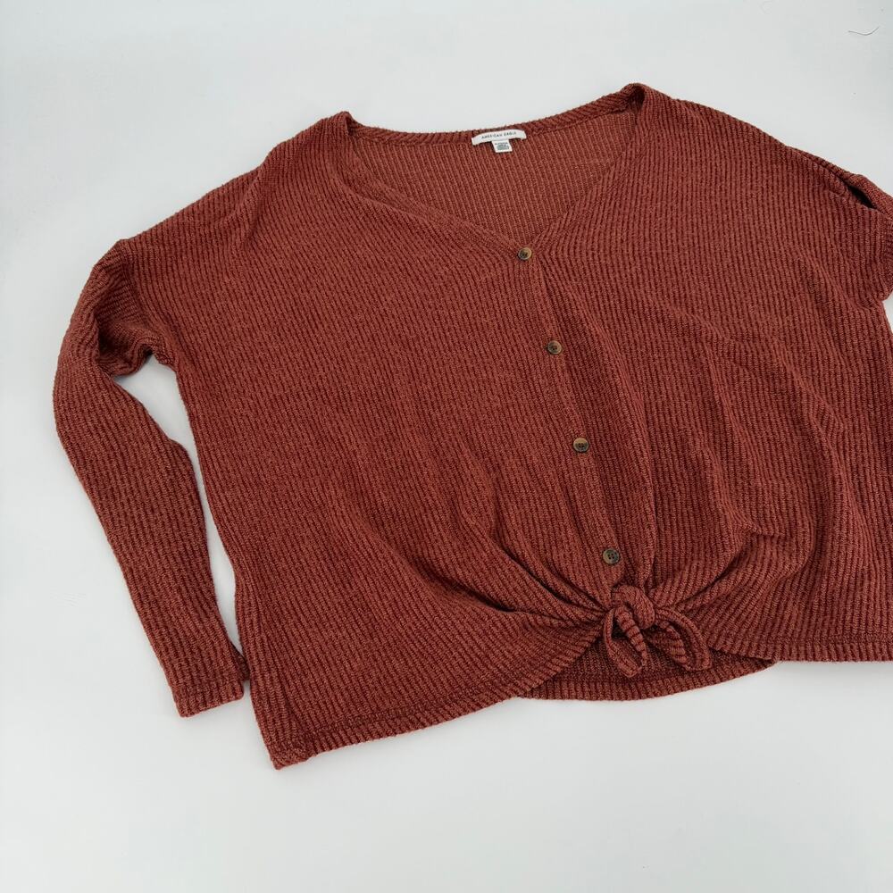 American Eagle Rust Button-Front Tie-Hem Cardigan - XL